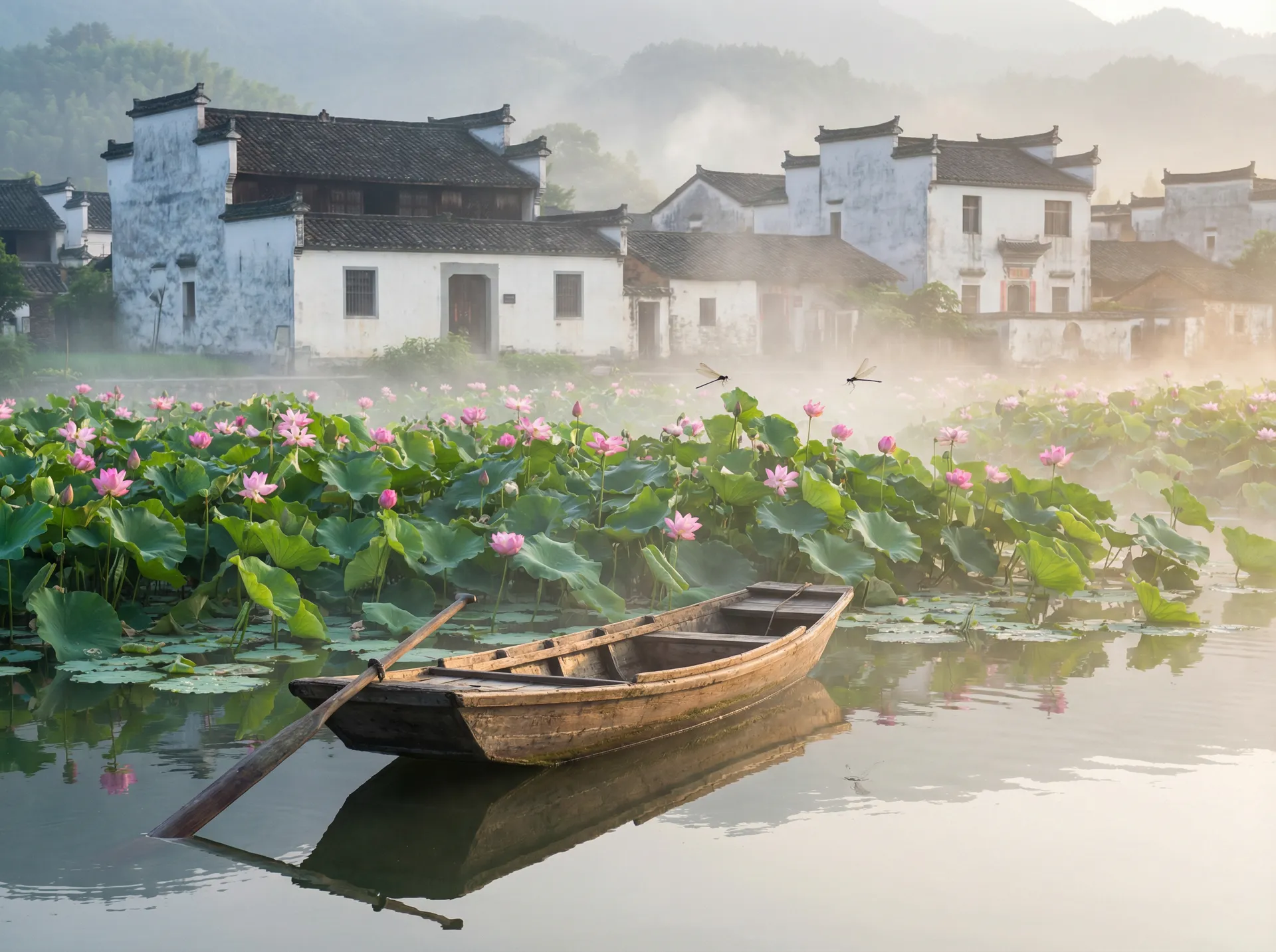 清晨荷塘小舟，粉色荷花盛开，白墙黑瓦的村庄 - 仙书奇谭 水乡风情